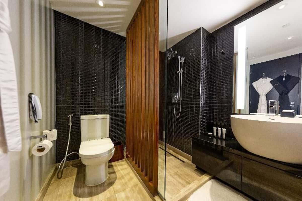 Bathroom | Designer toiletries, hair dryer, bathrobes, slippers