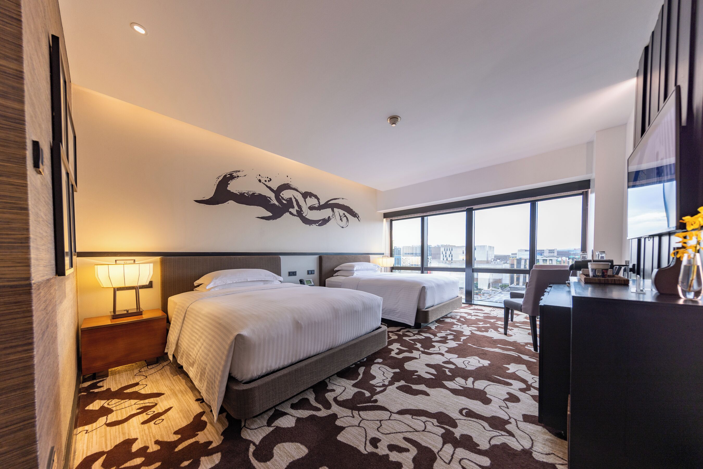 Nobu Deluxe Double Queen, Pool View | Premium bedding, minibar, in-room safe, desk