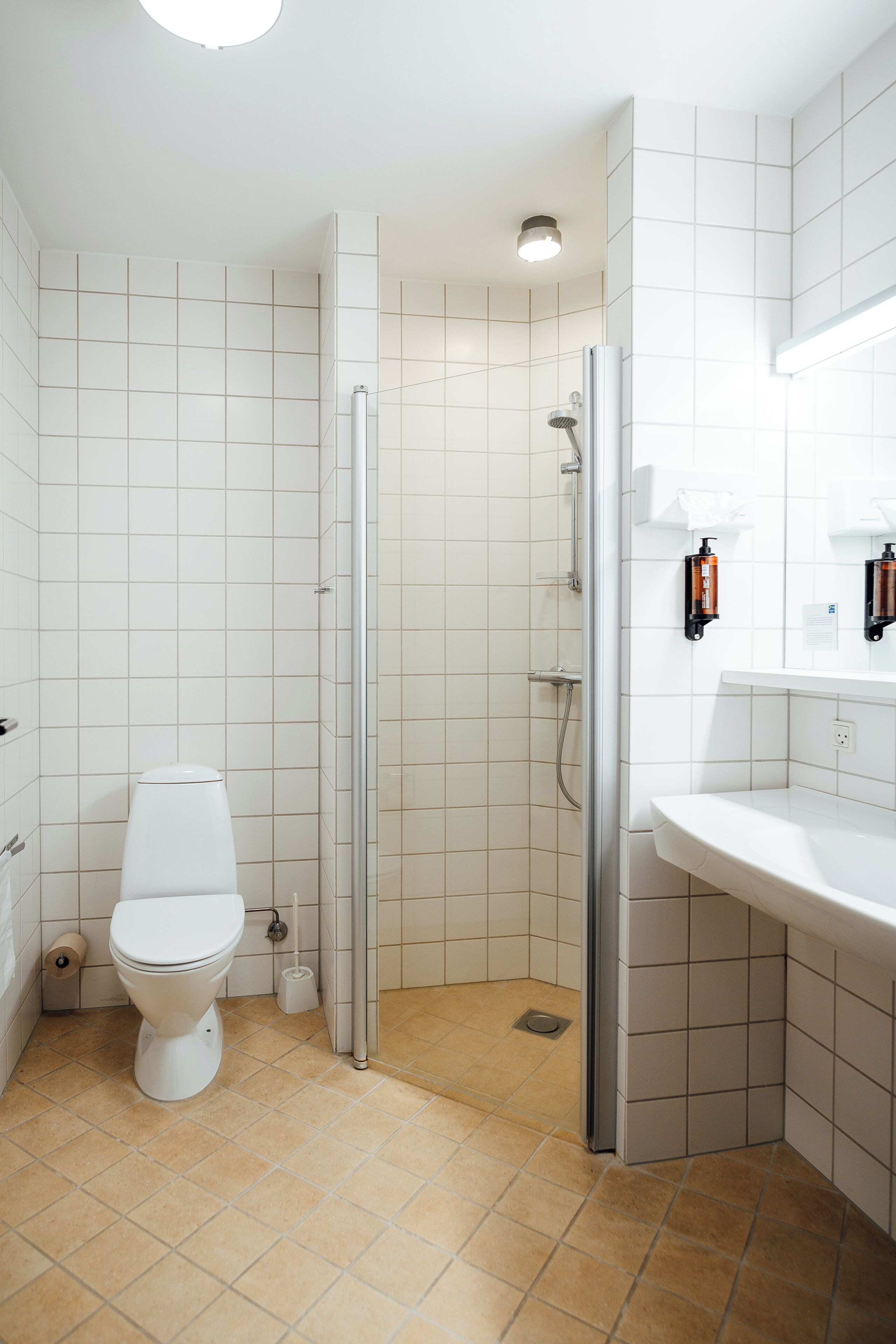 Un baño con inodoro, ducha y lavabo.