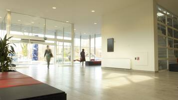 Experience the bright and airy lobby with large windows, a seating area, and a potted plant.