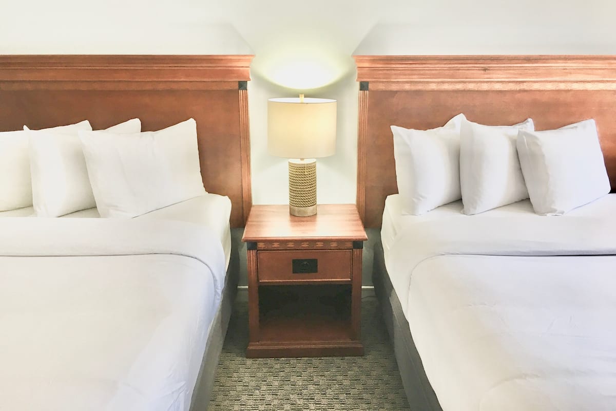 A hotel room with two single beds, a nightstand with a lamp, and a carpeted floor.