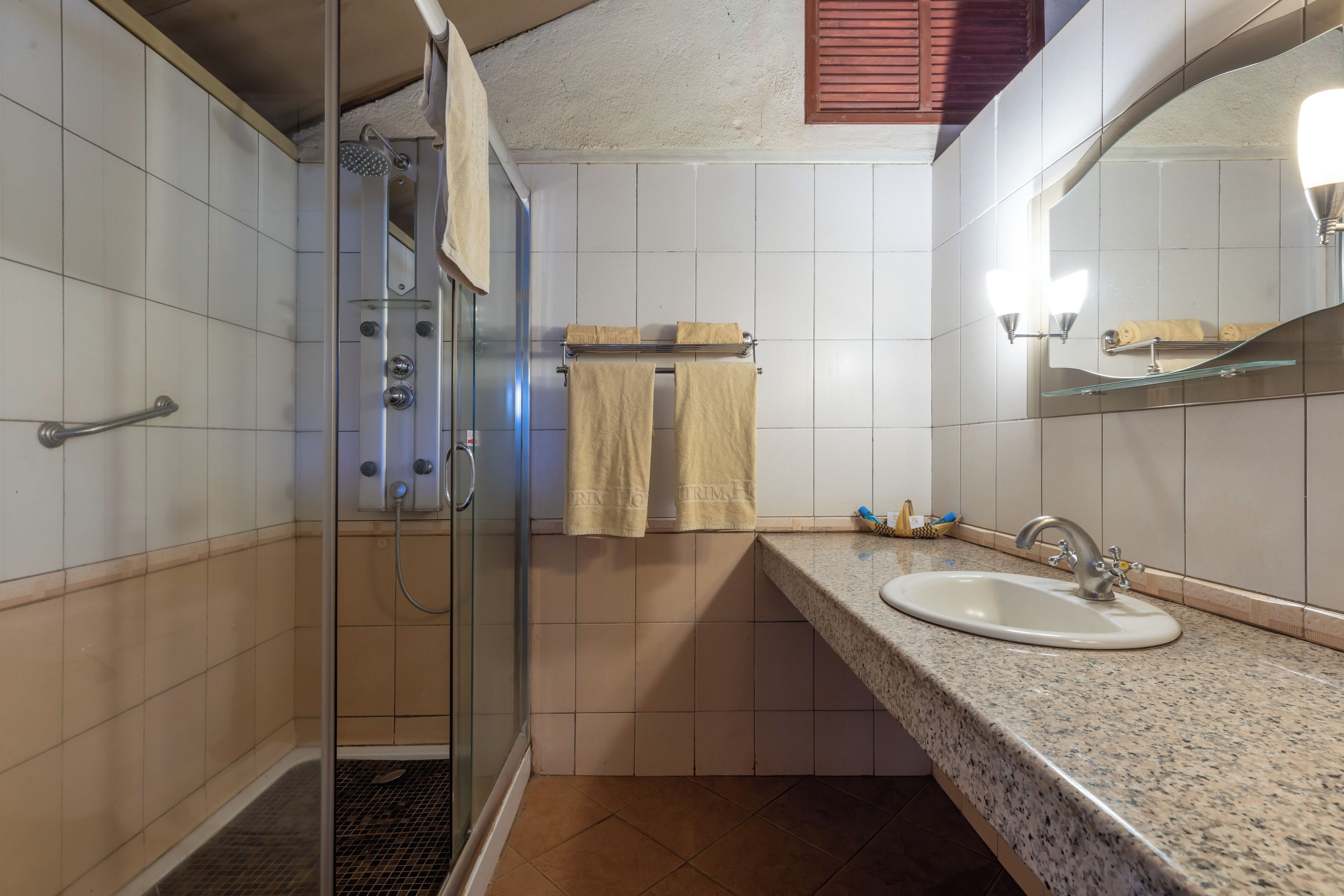 Un baño con ducha envuelta en vidrio, un lavabo con espejo y paredes de azulejos.