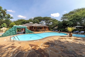 Outdoor pool, pool umbrellas, pool loungers