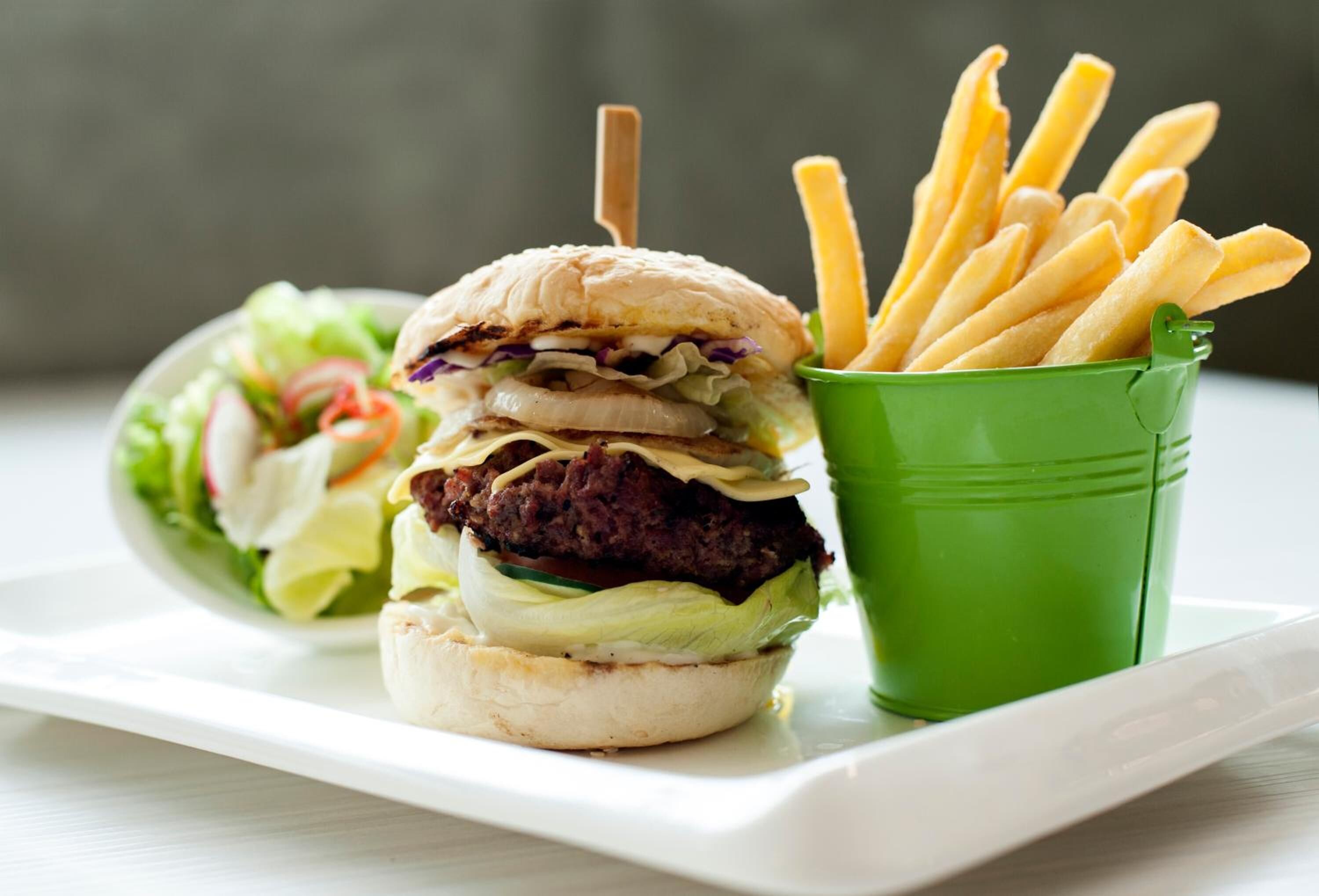 A plate with two burgers and a cup of fries.
