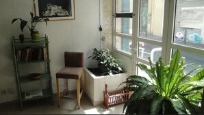 Habitación de esquina con una silla, estantería y plantas en macetas cerca de una ventana.