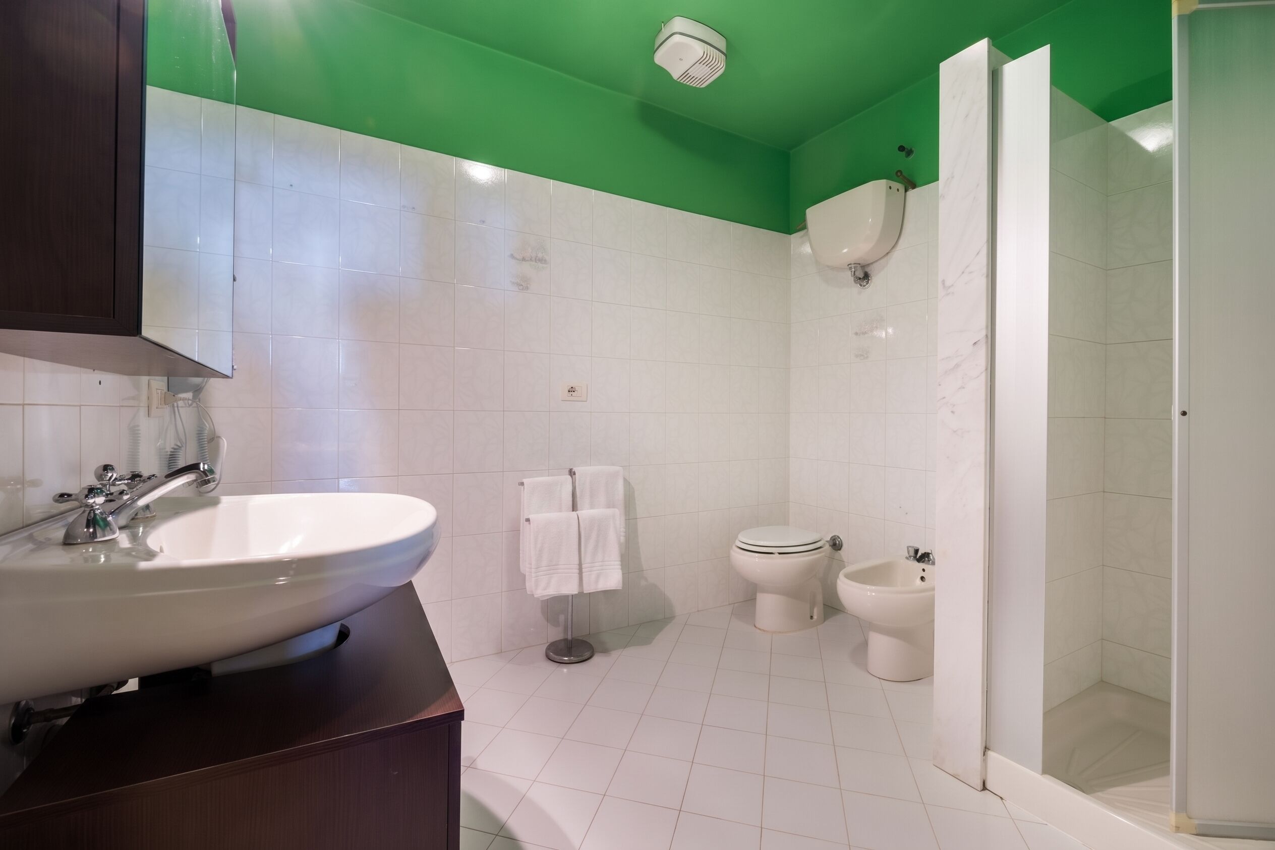 A bathroom with a white sink, a toilet, and a shower area.