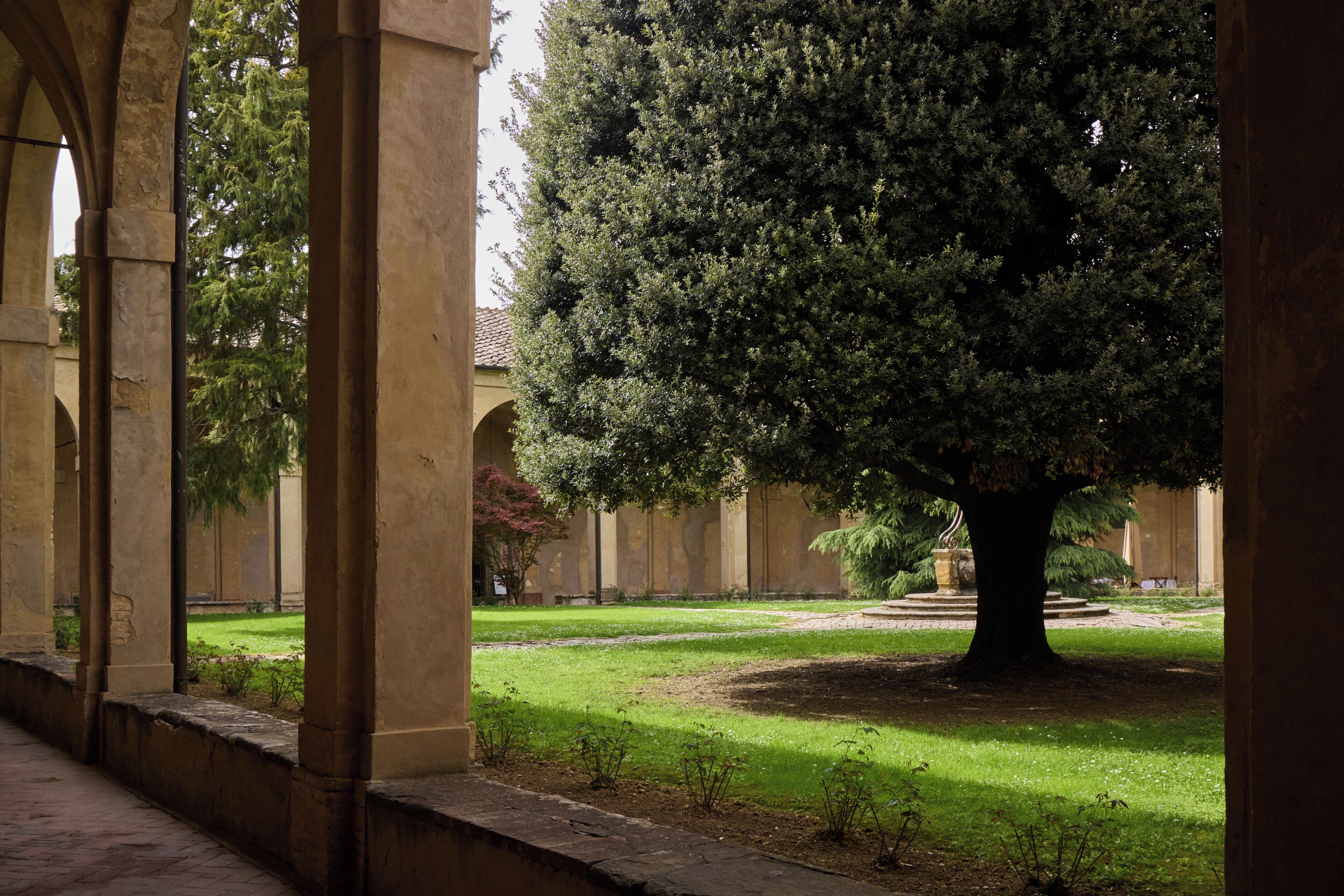 Un patio con un árbol grande, columnas de piedra y una fuente.