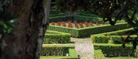 Un jardin aménagé avec des haies en terrasses et des fleurs rouges.