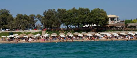 Nära stranden, solstolar, parasoller och volleyboll