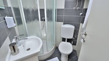 A modern bathroom with a glass shower enclosure, a white sink, and a toilet.
