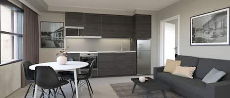 Standard Apartment, 2 Bedrooms | Private kitchen | Fridge, microwave, oven