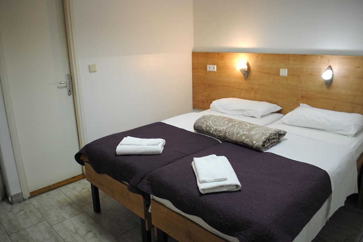 A double bed with a wooden headboard, two white pillows, and a purple blanket.