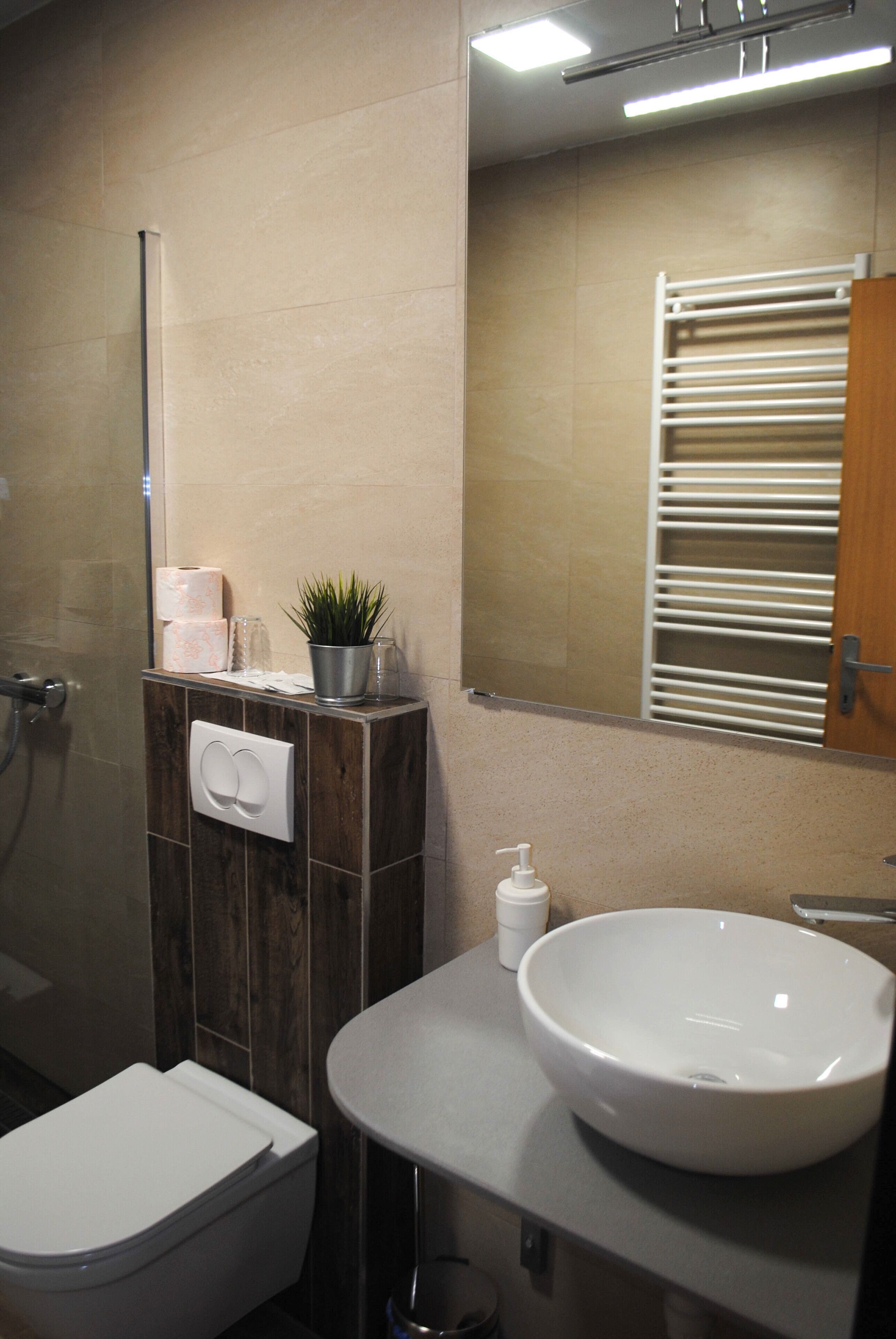 A bathroom with a white sink, a toilet, a mirror, a towel rack, and a shower.