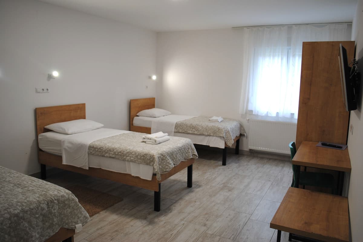A hotel room with two single beds, a wooden desk, and a television.