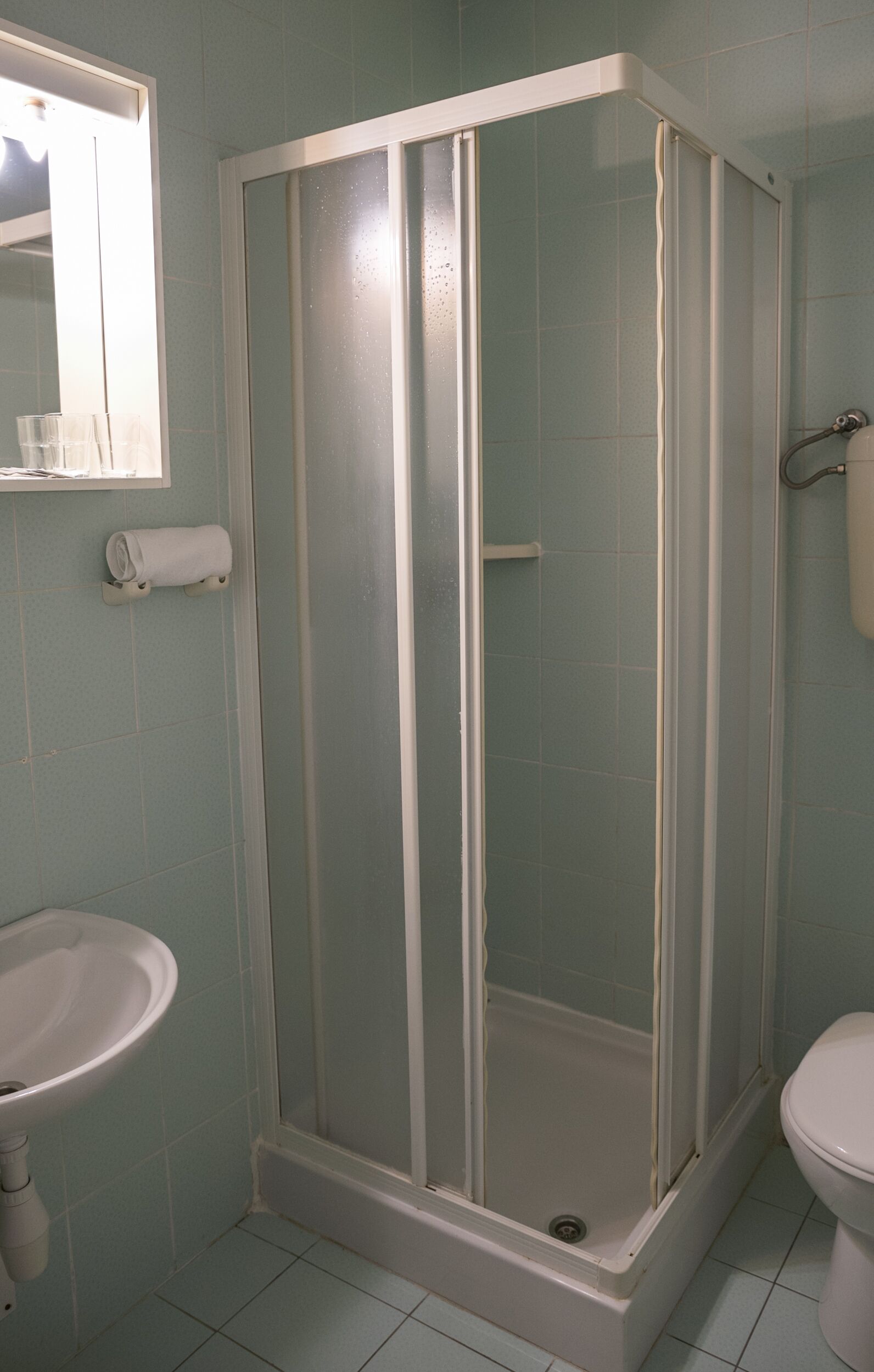 A bathroom with a glass-enclosed shower, a sink, and a toilet.