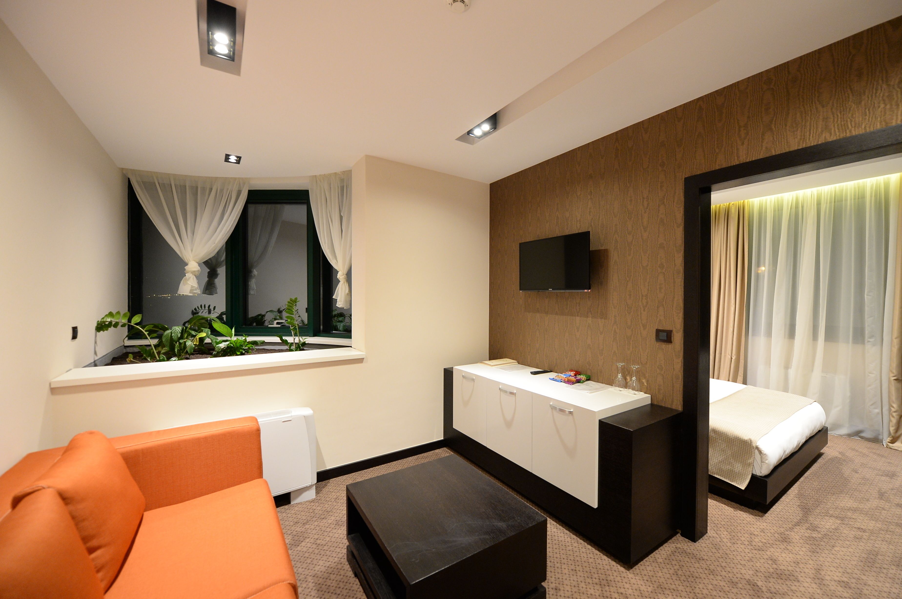 junior apartment, 1 queen bed, non smoking, mountain view | living area | led tv