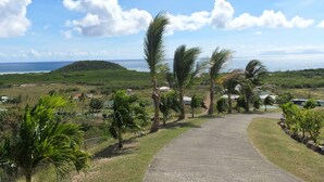 A paved pathway leading to a view of the ocean with palm trees and a hilly landscape in the background. - South Coast Ocean View Apartments (Cades Bay)