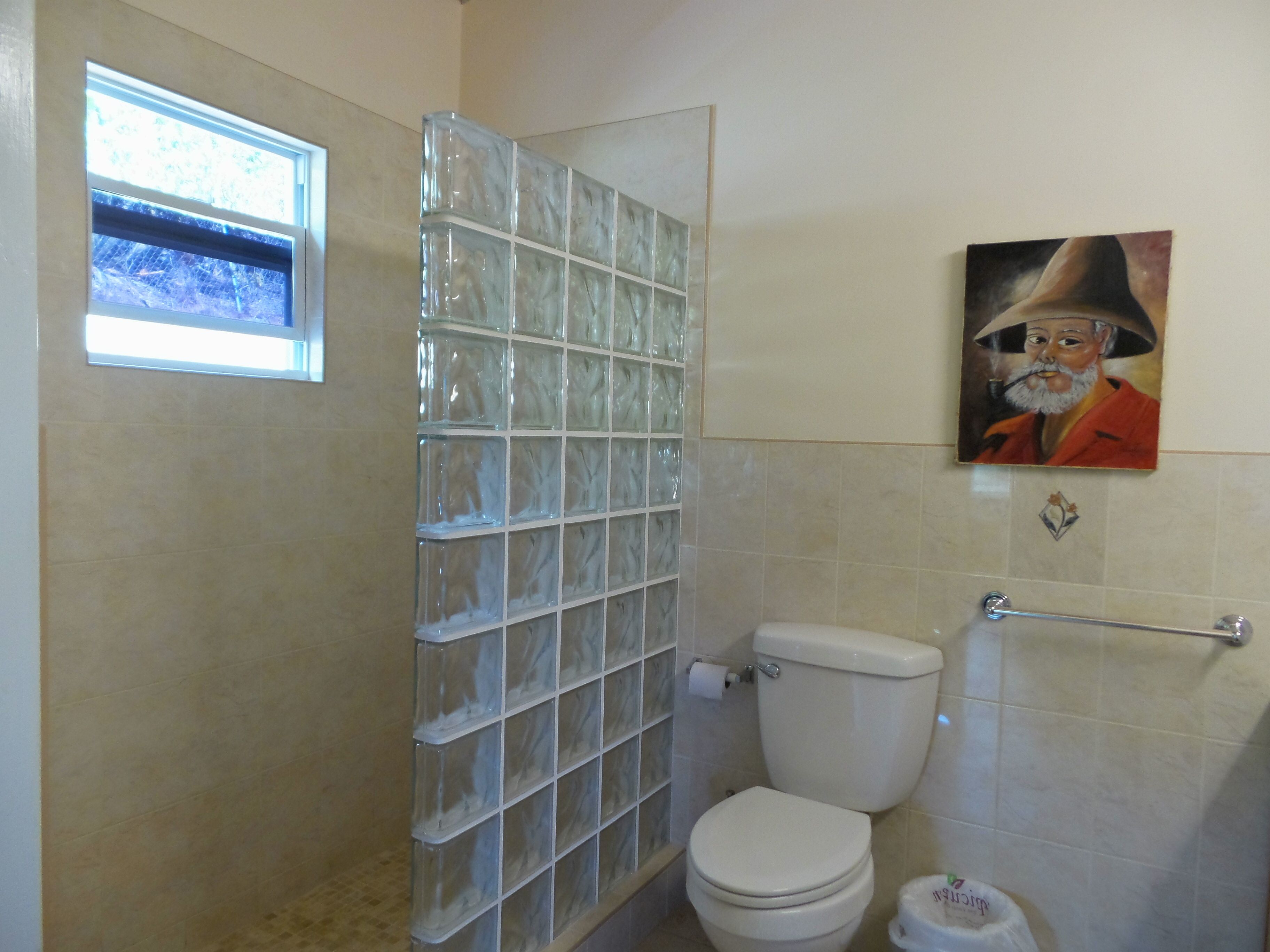Un bagno con box doccia in vetro, un water e un porta asciugamani a parete.