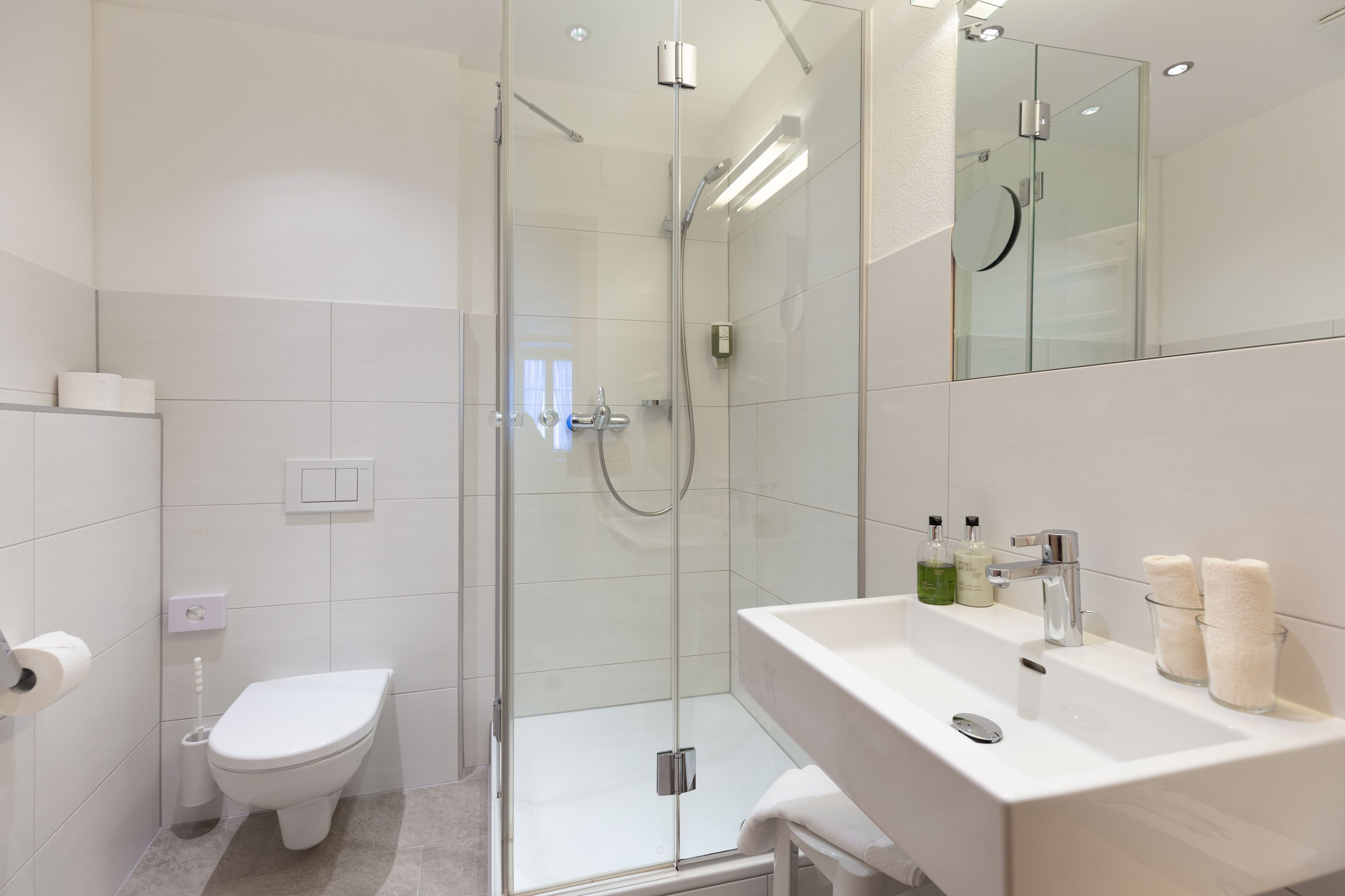A modern bathroom with a glass shower enclosure, a white toilet, and a sink with toiletries.