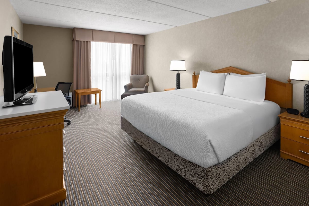 A hotel room with a large bed, a TV, a desk, and a chair.