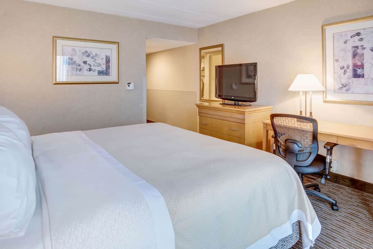 A hotel room with a large bed, a desk with a chair, a television, and framed artwork on the walls.