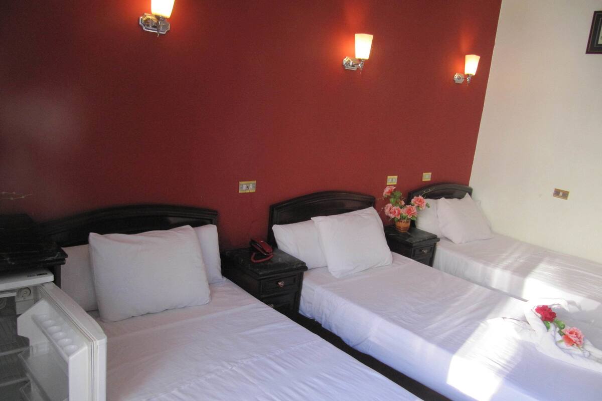 A hotel room with two single beds, each with white linens and pillows, a nightstand with a lamp, and a vase with flowers on the nightstand.