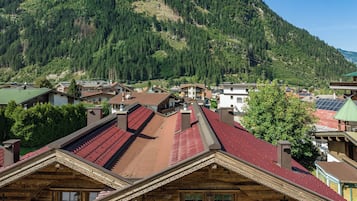 A mountainous village with traditional wooden houses and a clear view of the surrounding forest.