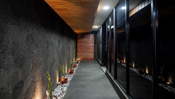 A corridor with a concrete wall, wooden ceiling, and potted plants along the floor. - Kalya Hotel Bandung (Bandung)