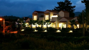 A multi-story house with a tiled roof, surrounded by palm trees and illuminated by street lamps. - Memory In Jeju Pension (Seogwipo)