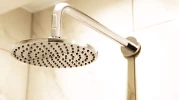 A showerhead with a curved design and a single handle.
