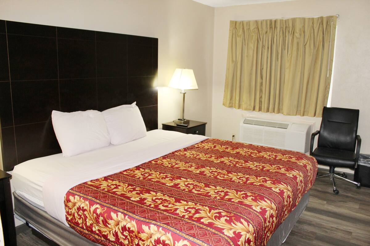 A hotel room with a large bed, a nightstand, a lamp, a chair, and a window with curtains.