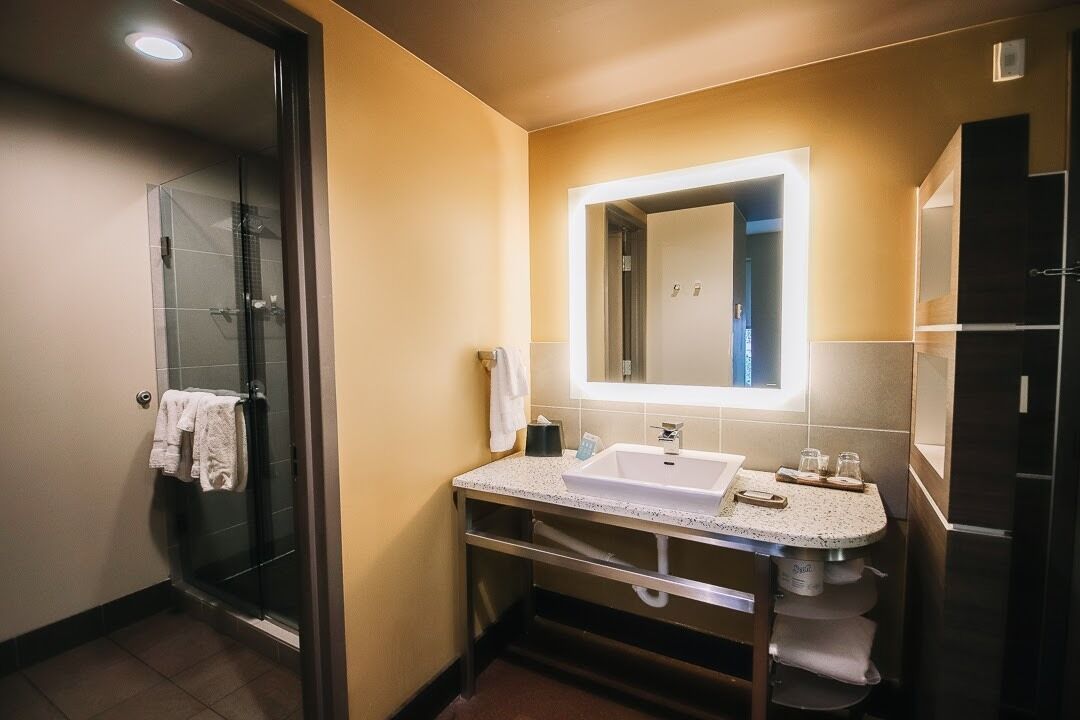 Een moderne badkamer met een douchecabine van glas, een witte wastafel met spiegel erboven en een donker meubelstuk aan de rechterkant.