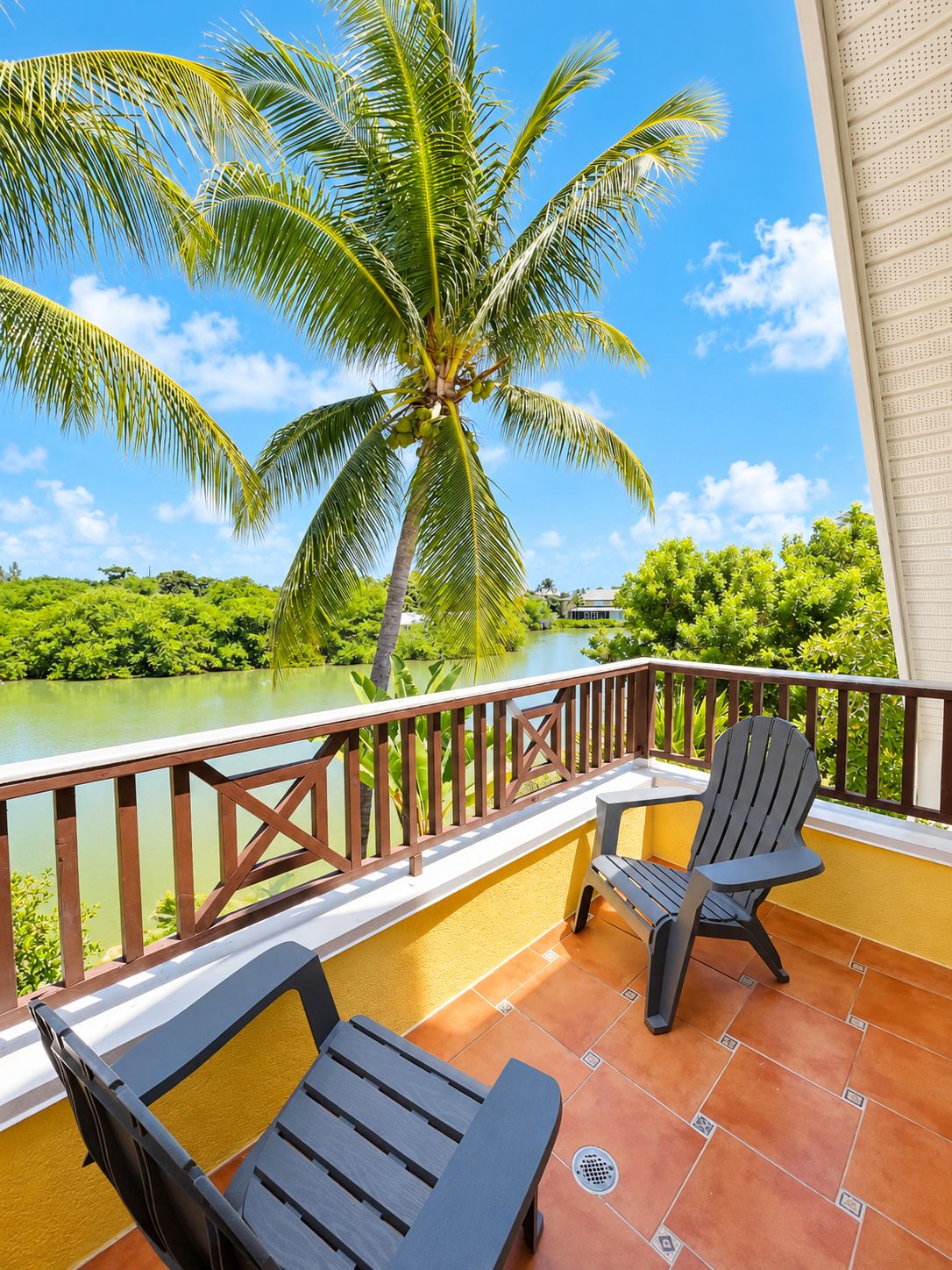 Un balcon avec deux fauteuils Adirondack, une vue sur un lac et un palmier.