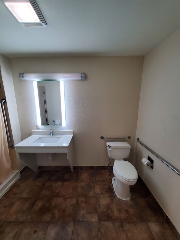 Une salle de bain avec un lavabo blanc, un miroir et des toilettes. Il y a une barre d’appui sur le mur et une zone de douche sur la gauche.