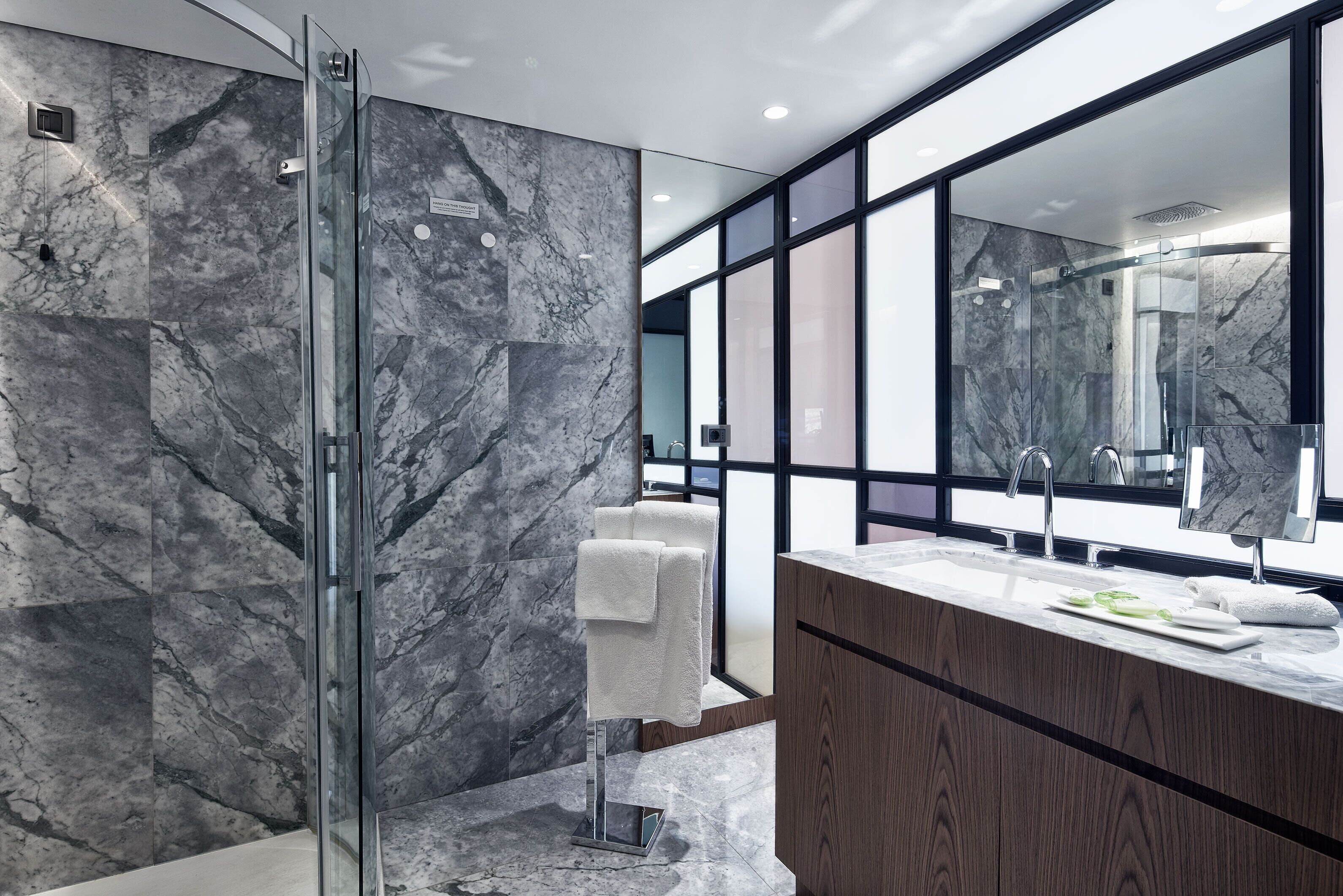 shower, rainfall showerhead, designer toiletries, hair dryer