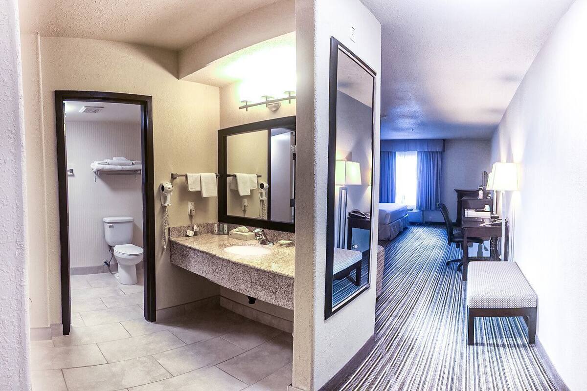 A hotel bathroom with a sink, mirror, and toilet.