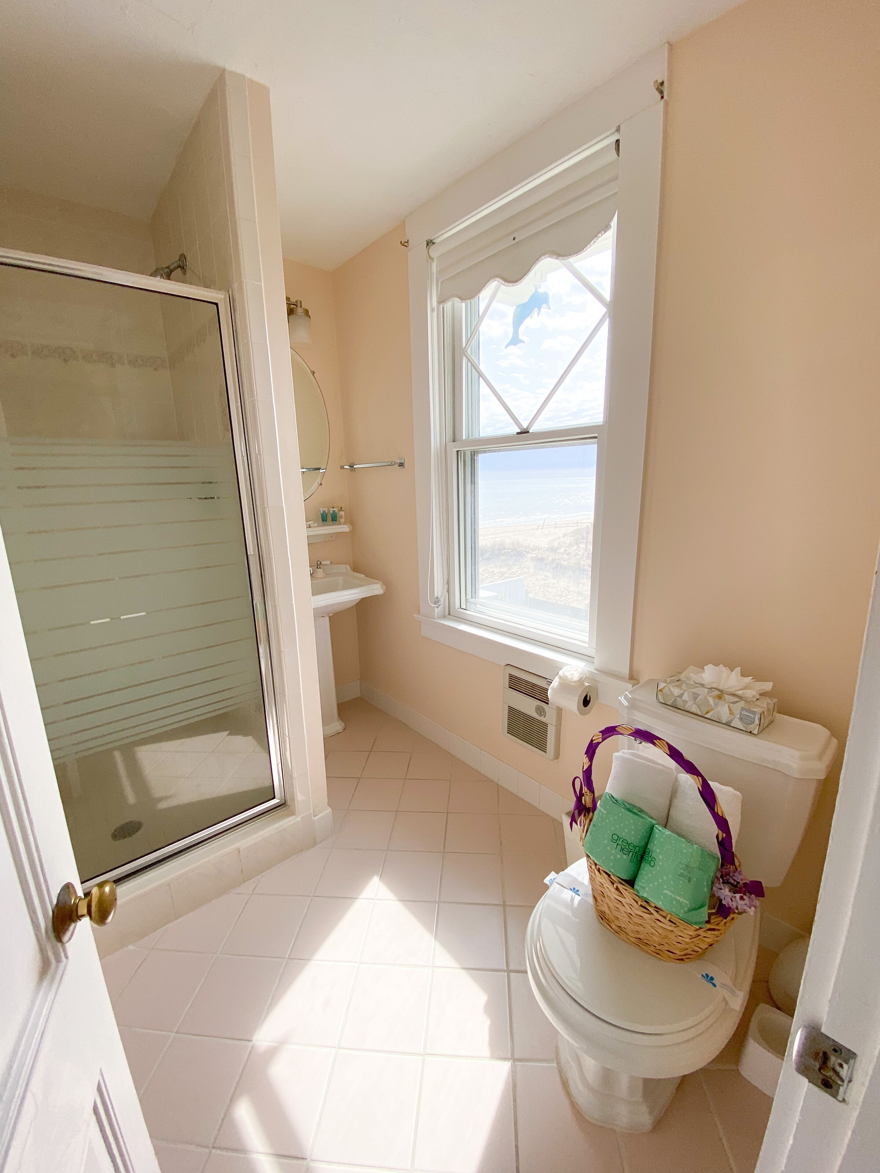 Une salle de bain avec douche, toilettes et une fenêtre donnant sur un beau paysage.