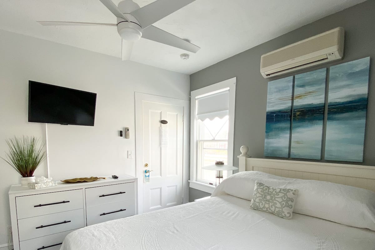 Een slaapkamer met een groot bed, een plafondventilator, een flatscreen-tv, een dressoir en een schilderij aan de muur.