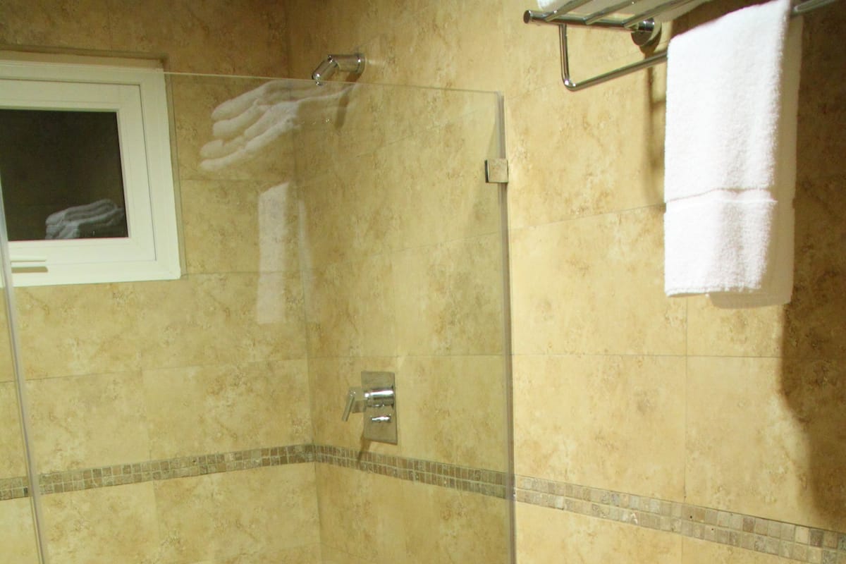 Un baño con ducha de vidrio, inodoro y perchero para toallas.