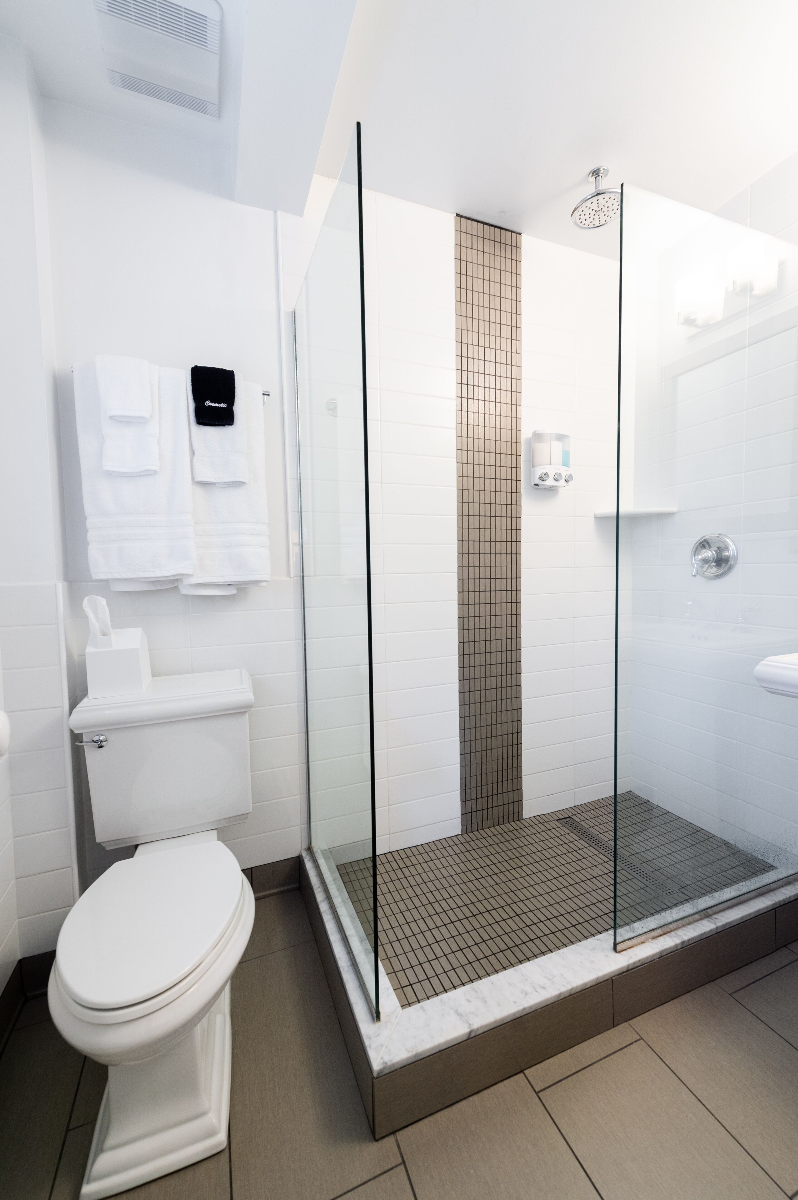 A modern bathroom with a glass-enclosed shower, a toilet, and a sink.