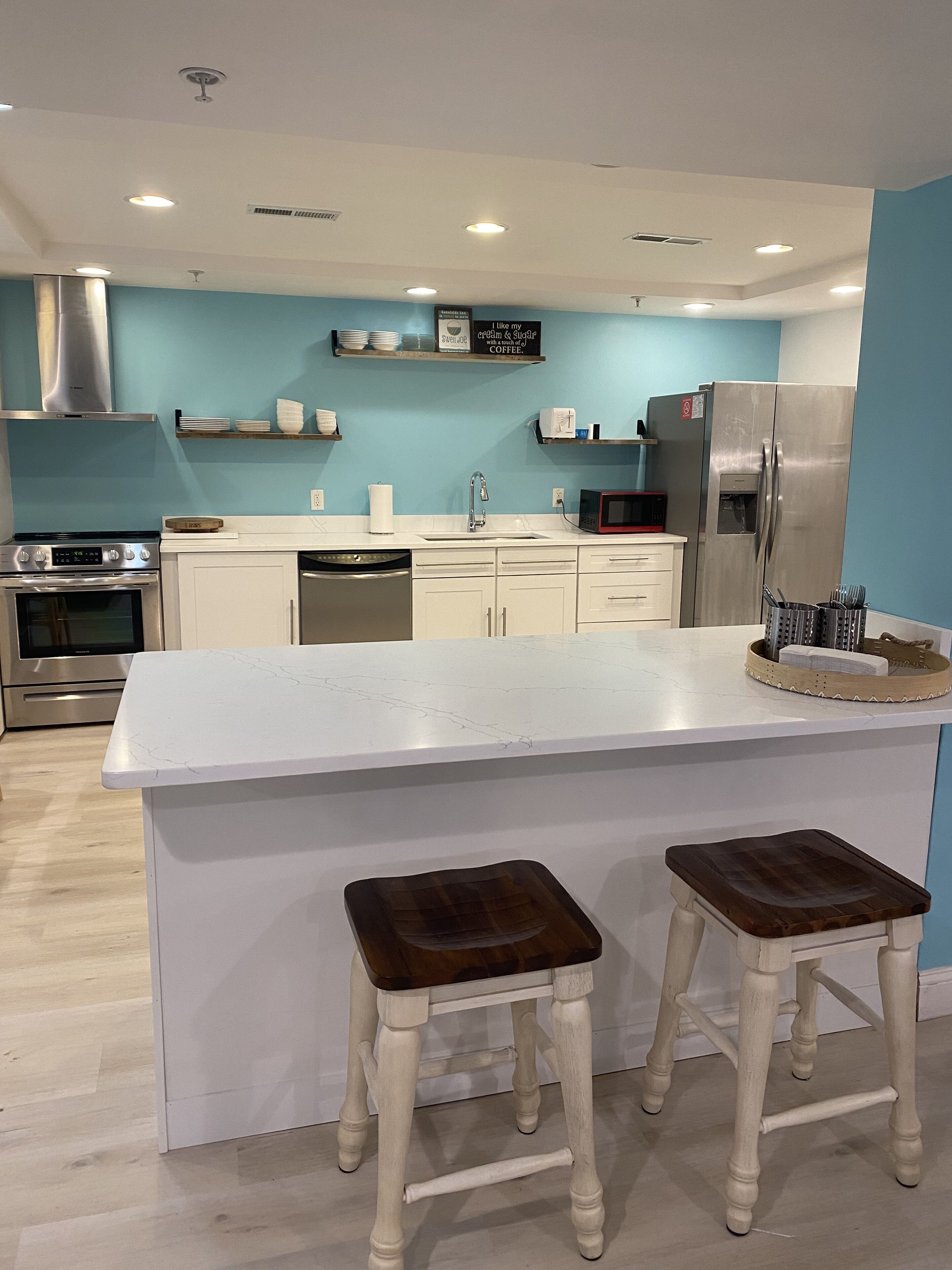 fridge, microwave, electric kettle