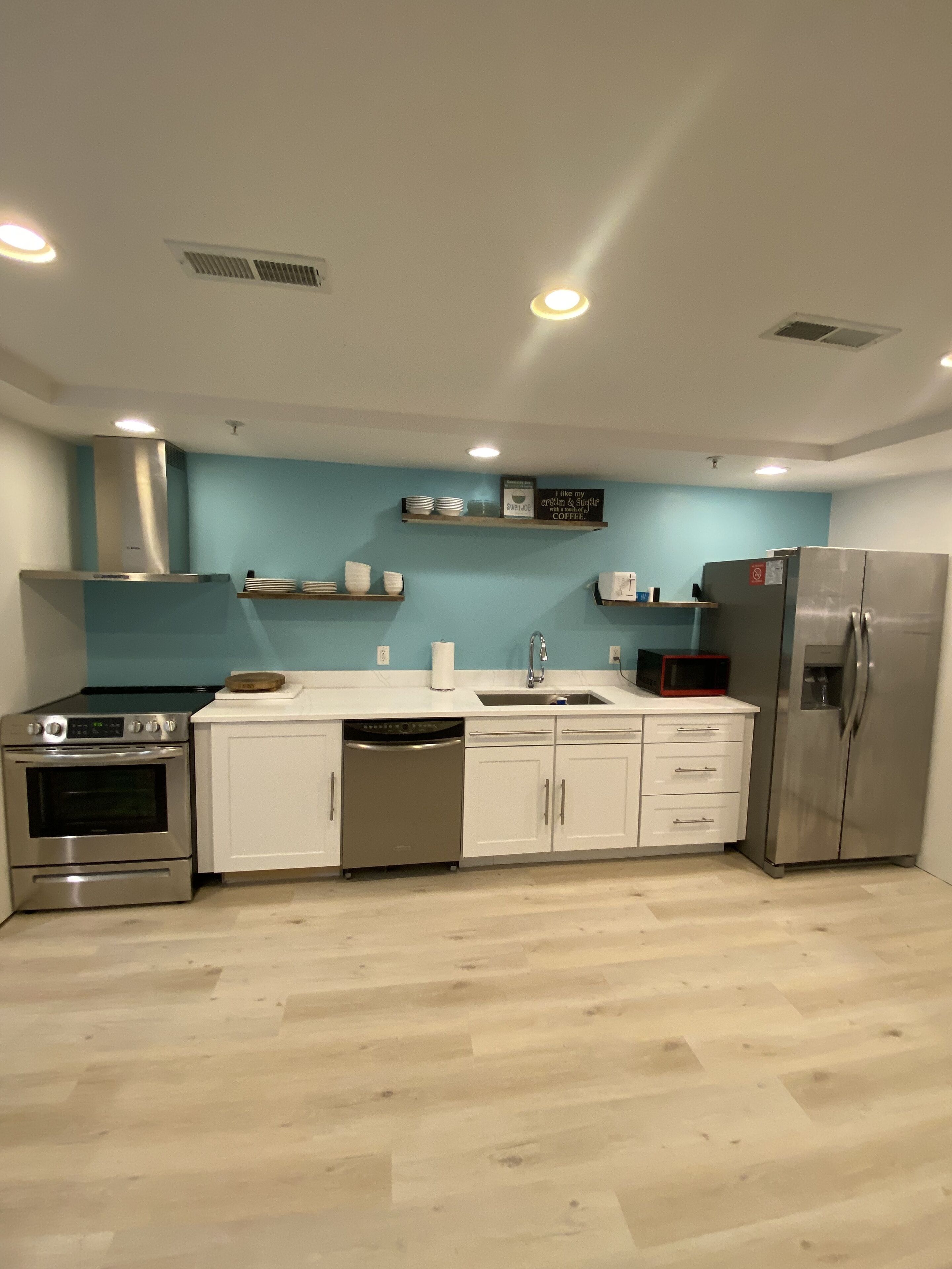 fridge, microwave, electric kettle