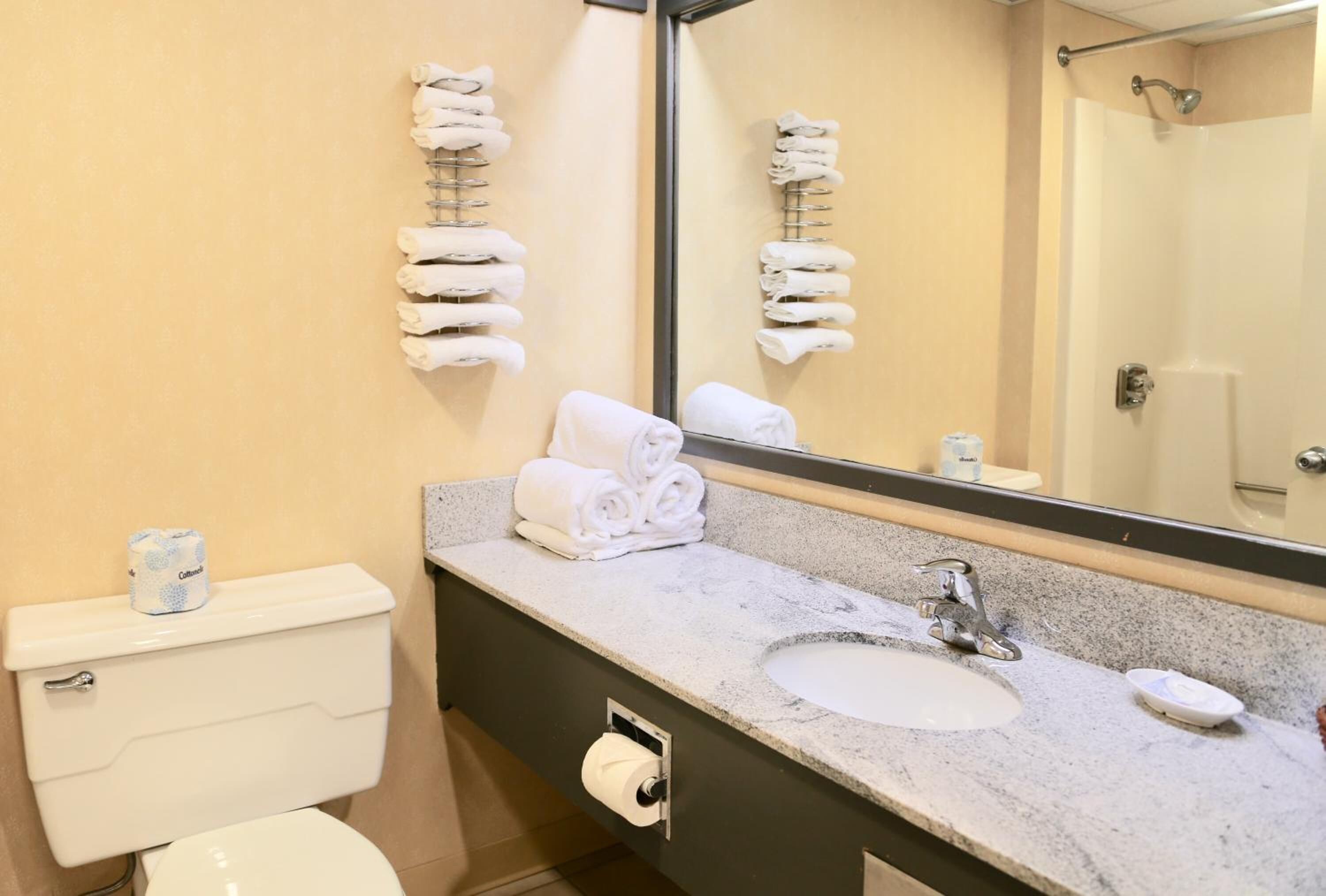 A bathroom with a toilet, sink, and mirror. There are towels hanging on a rack.