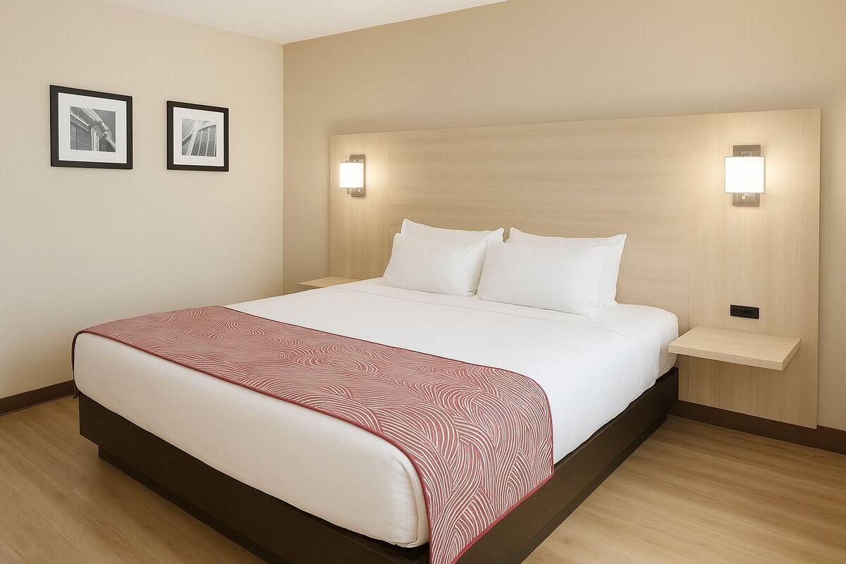 Une chambre d’hôtel avec un grand lit, une table de chevet, deux lampes fixées au mur et deux tableaux encadrés accrochés au mur.