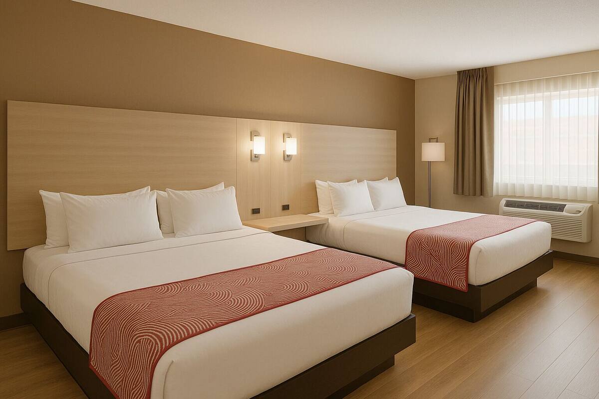 Une chambre d’hôtel avec deux lits, une tête de lit en bois, des lampes de chevet, une fenêtre avec des rideaux et un climatiseur fixé au mur.