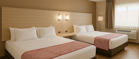 Desk, laptop workspace, blackout drapes, iron/ironing board