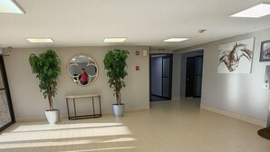 Ein geräumiges, helles Zimmer mit Fliesenboden, zwei Zimmerpflanzen, einem runden Spiegel und einem gerahmten Kunstwerk an der Wand.