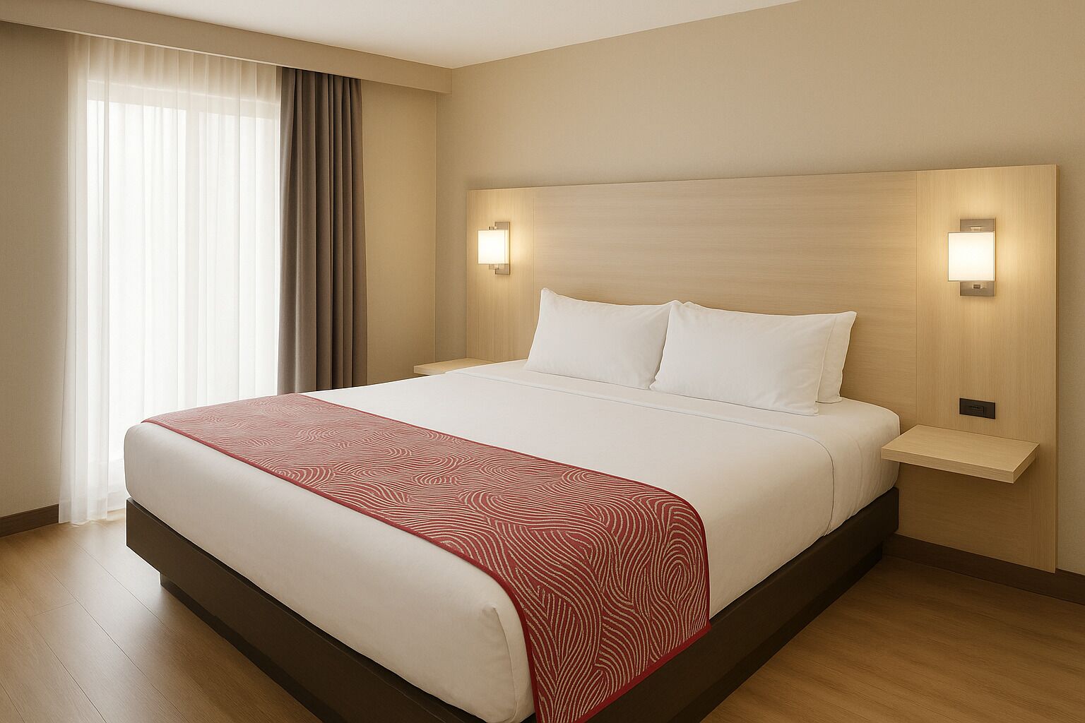 Una habitación de hotel con una cama grande, una mesita de noche y una lámpara de pared.