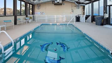 Indoor pool, open 8:30 AM to 10:00 PM, pool loungers
