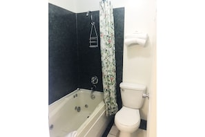 Combined shower/bathtub, free toiletries, hair dryer, towels